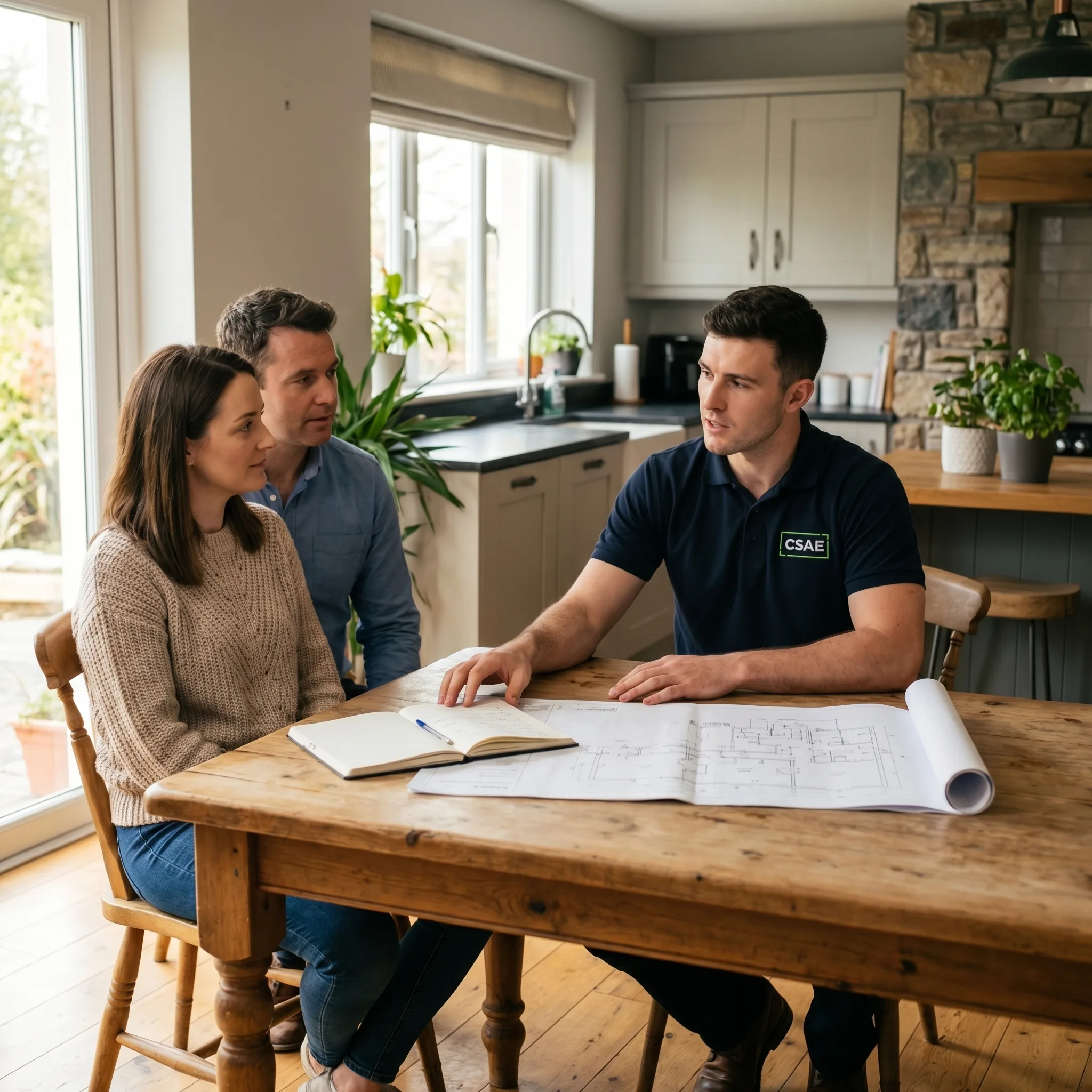 Electrical consultant reviewing plans with homeowner in Cork